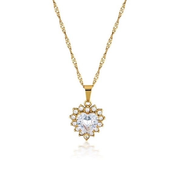 18K Gold Plated White Cubic Zirconia Heart Pendant Necklace - Picture 1 of 7